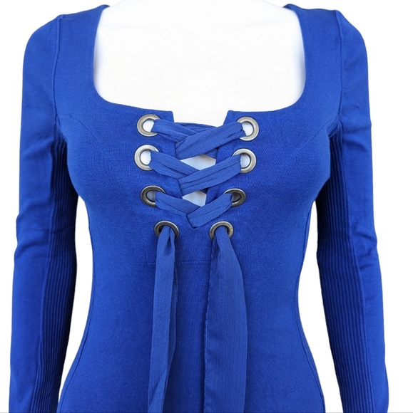 Free People Looking Back Blue Cobalt Long Sleeve Lace-Up Top - Picture 3 of 10